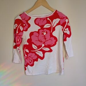 Talbots Tee Petite P Floral Boatneck Top 3/4 Sleeve Red Pink White Cotton Stretc